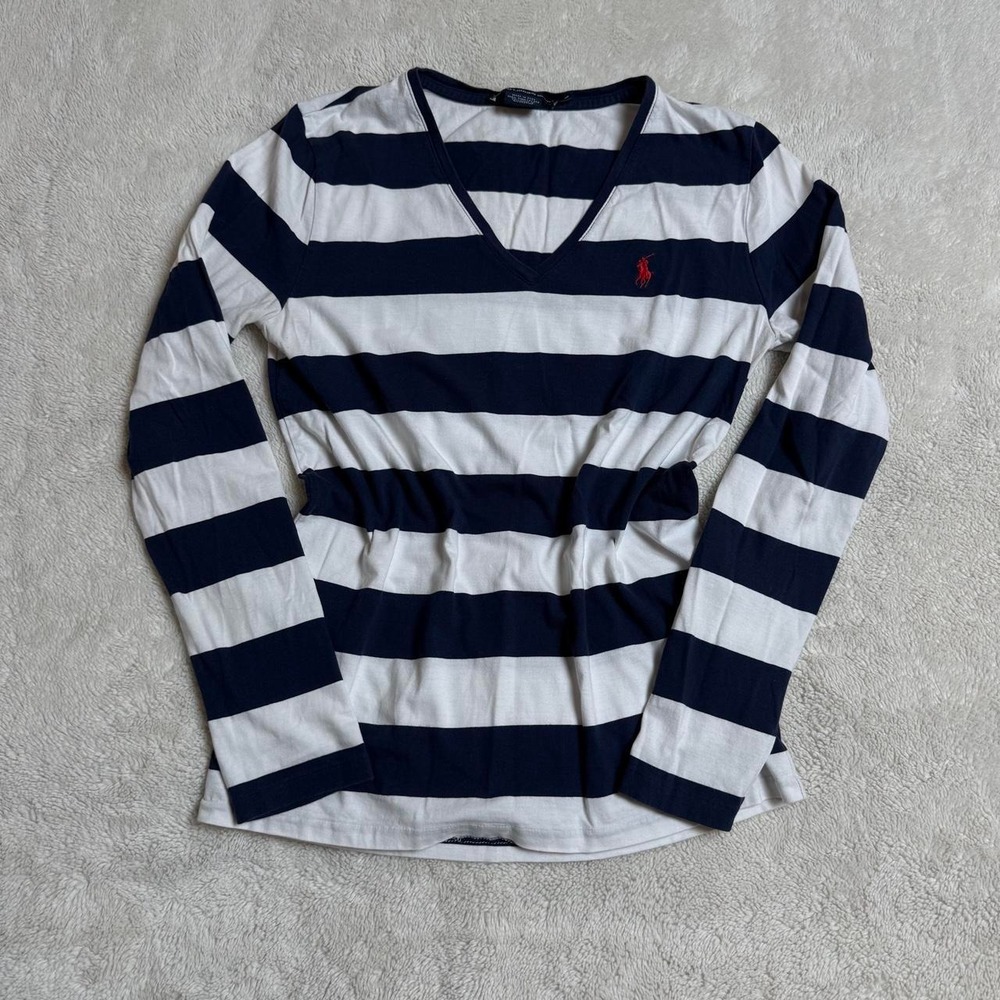 polo ralph lauren white and navy blue striped long sleeve shirt